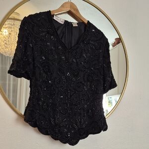 Laurence Kazar Black Silk Beaded Blouse Vintage